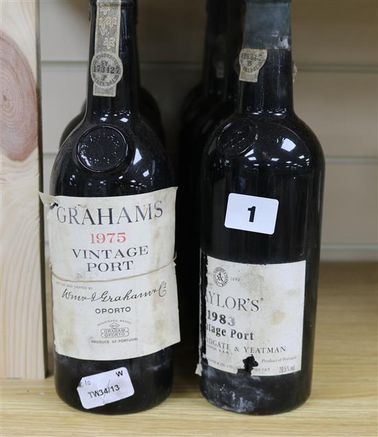 Ten assorted bottles of port, including Grahams 1975 vintage, Dows 1975 vintage and Taylors 1983 vintage.